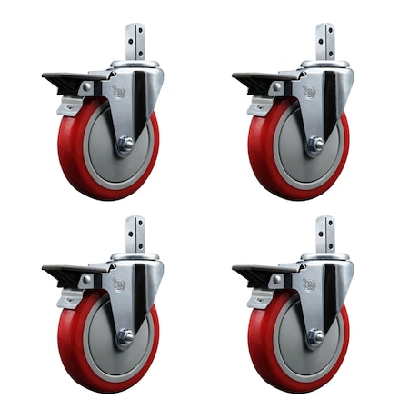 Service Caster 5'' Red Poly Wheel Swivel 7/8'' Square Stem Caster Set with Brake, 4PK SCC-SQ20S514-PPUB-RED-PLB-78-4